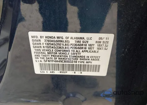2012 Honda Pilot Ex from USA, damaged, VIN 5FNYF4H49CB003310